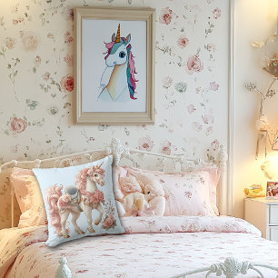 Cojín Decorativo  Unicornio Rosado Blanco Azul Rosas Rosadas  