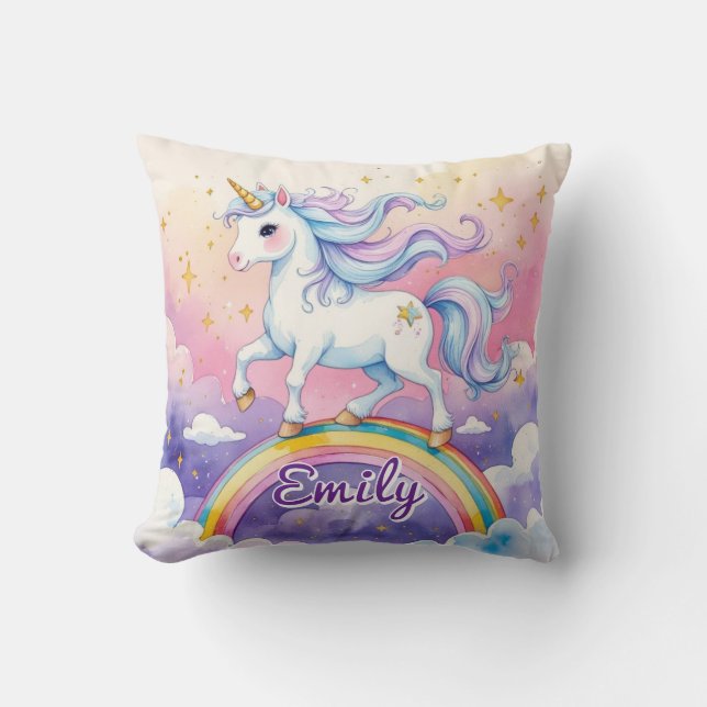 Cojín Decorativo Unicornio sobre el fondo del arcoiris (Anverso)