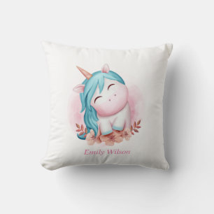 Cojín Decorativo Unicornio sonriente con iniciales en acuarela ador