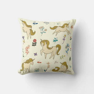 Cojín Decorativo unicornio vintage en flores forestales ilustración