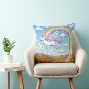 Cojín Decorativo Unicornio volador de dibujos animados con arcoíris