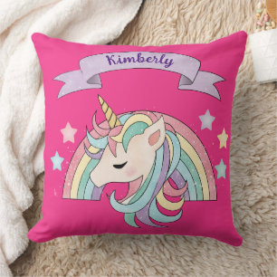 Cojín Decorativo Unicornio y arcoíris brillante con nombre personal