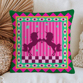 Cojín Decorativo Unicornios& Ojos Malvados Verde& Rosa Arte Folclór