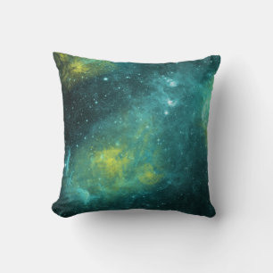 Cojín Decorativo Universo Espacial Verde Amarillo Acuarela Estrella