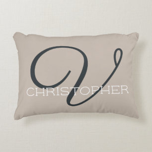 Cojín Decorativo V Nombre de Caligrafía Inicial Taupe Beige Neutro
