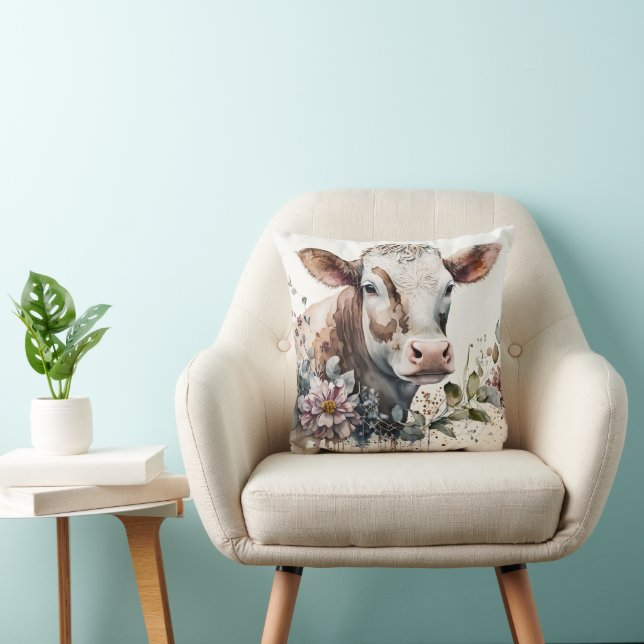 Cojín Decorativo Vaca acuarela En Flores Silvestres (Silla)