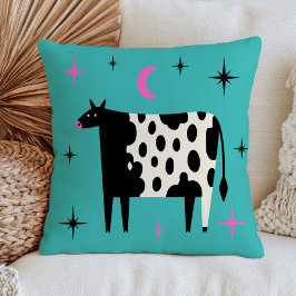 Cojín Decorativo Vaca con Estrellas y Luna Azul Turquesa