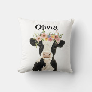 Cojín Decorativo Vaca de bebé personalizada con guiso floral