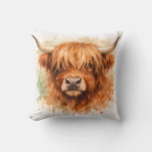 Cojín Decorativo Vaca de las Tierras Altas - Animales en Acuarela