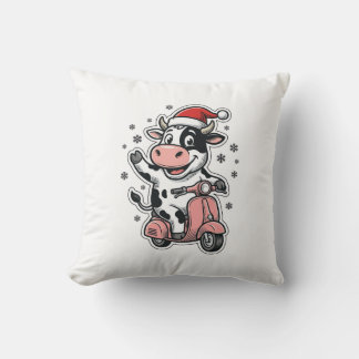 Cojín Decorativo Vaca de Navidad montando scooter rosa vintage vect