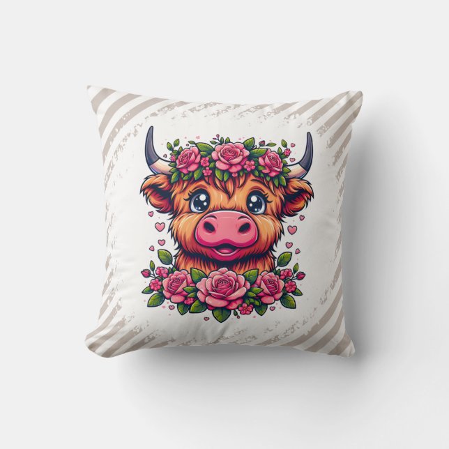 Cojín Decorativo Vaca Highland con corona Rosa (Anverso)