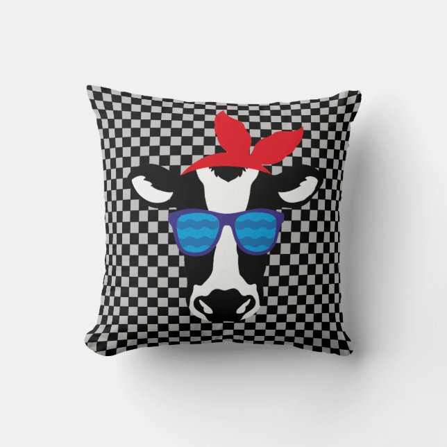 Cojín Decorativo Vaca hipster en tablero de ajedrez (Anverso)