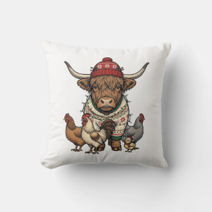 Cojín Decorativo Vaca navideña de las Tierras Altas y pollitos grab