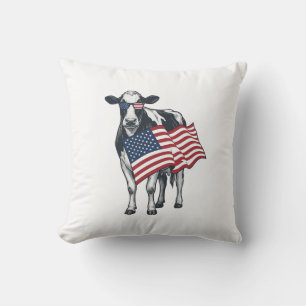 Cojín Decorativo Vaca Patriótica Bandera Americana Grabado Vintage