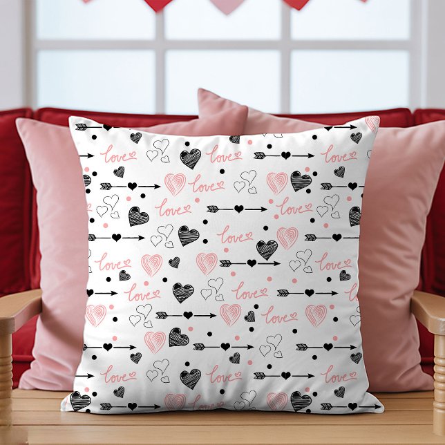 Cojín Decorativo Valentine Gift Pillow Sketch Heart I Love You Text (Valentine Gift Pillow Sketch Hearts I Love You)