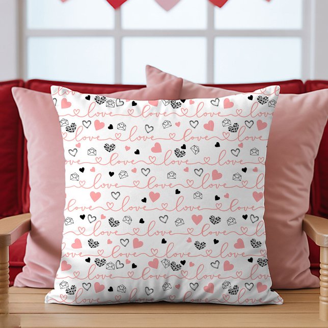 Cojín Decorativo Valentine’s Day Pillow Pink Black Hearts Sketch  (Valentine’s Day Pillow Pink Black Hearts Sketch Art)