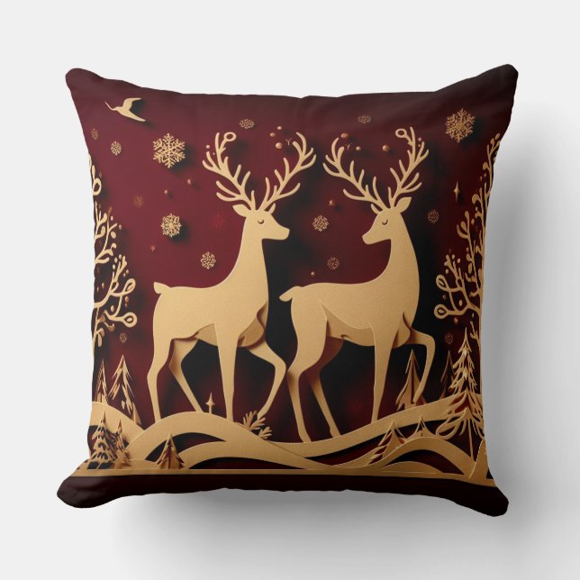 Cojín Decorativo Vals de los Renos Celestiales – Bosque Dorado (Anverso)
