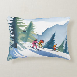 Cojín Decorativo Vamos a Esquiar | Pintura en Acuarela de Invierno