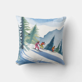 Cojín Decorativo Vamos a Esquiar | Pintura en Acuarela de Invierno