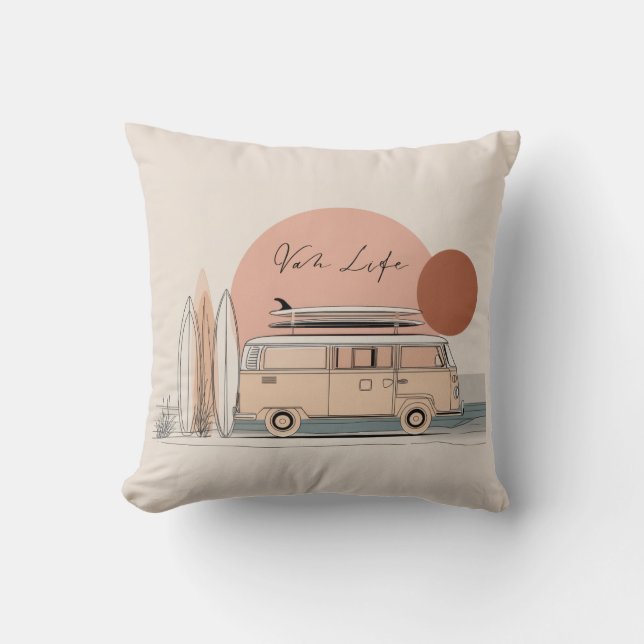 Cojín Decorativo Van Life Surf Van – Retro Beach Camper Aesthetic  (Anverso)