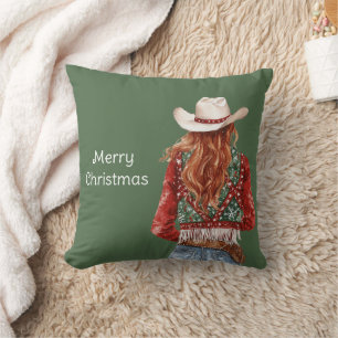 Cojín Decorativo Vaquera pelirroja occidental Navidad