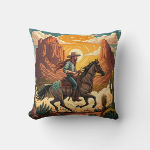 Cojín Decorativo Vaquero montando a caballo al atardecer