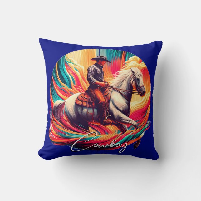 Cojín Decorativo Vaquero vibrante y azul de caballo (Anverso)