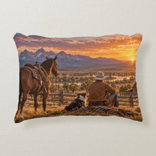 Cojín Decorativo Vaquero y caballo al atardecer