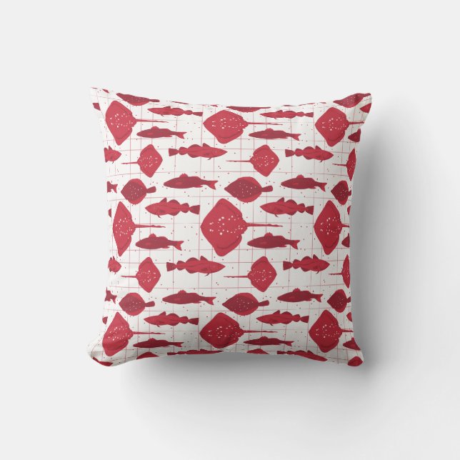 Cojín Decorativo Variedades de pescado en rojo y blanco ilustradas (Anverso)