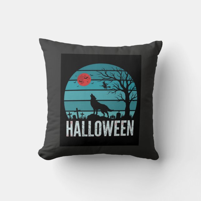 Cojín Decorativo Vector Luna Cementerio Lobo Halloween (Anverso)