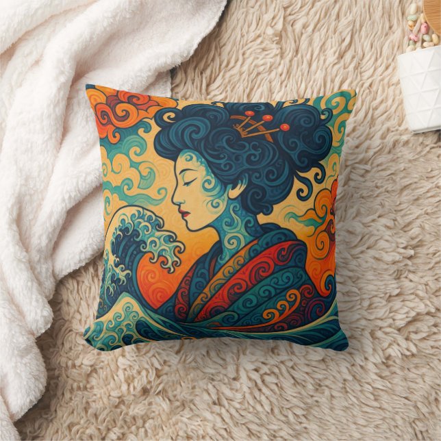 Cojín Decorativo Vector oriental abstracto Geisha Kanagawa ondas (Manta)