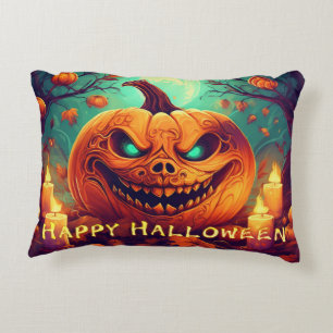 Cojín Decorativo Velas de Calabaza de Ojos Verdes Luna Llena Hallow