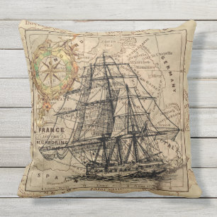 Cojín Decorativo Velero del vintage y mapa europeo viejo