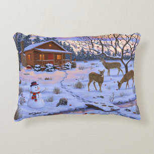 Cojín Decorativo Venado De Cabina De Invierno En Escena De Navidade