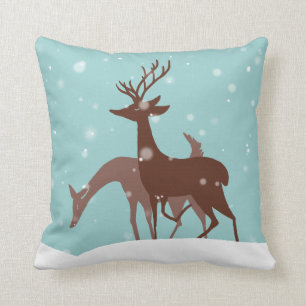 Cojín Decorativo Venado de invierno marrón y Verde azulado en niev