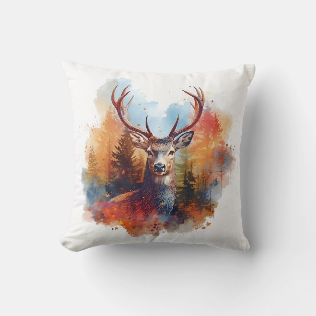 Cojín Decorativo Venado en un bosque otoñal (Anverso)