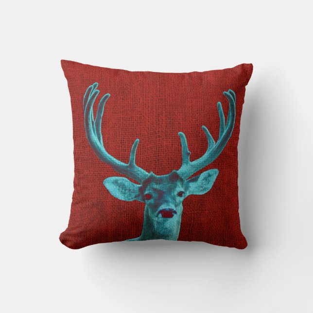 Cojín Decorativo Venado turquesa y rojo ruso (Anverso)