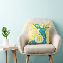 Cojín Decorativo Venado verde azulado en patrón floral ventilado am