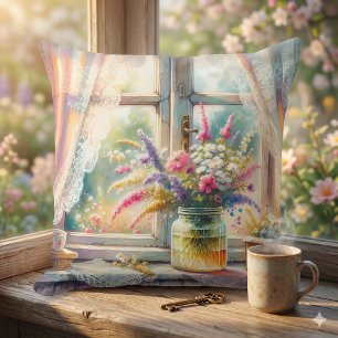 Cojín Decorativo Ventana de cabaña soleada con flores silvestres