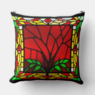 Cojín Decorativo Ventana de Vidrio Emplomado con Flor Roja