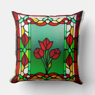 Cojín Decorativo Ventana de Vidrio Emplomado con Flor Roja