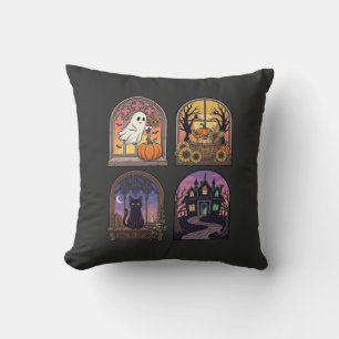 Cojín Decorativo Ventana Gótica de Halloween Fantasma Calabaza Gato