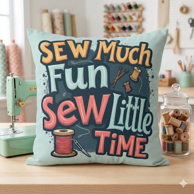 Cojín Decorativo Ver arte retro muy divertido (Sew Much Fun Sew Little Time Retro Stitch Art Throw Pillow Mockup A)