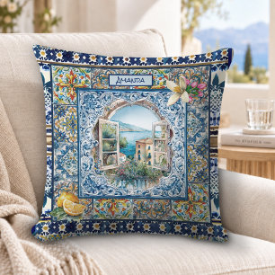 Cojín Decorativo Verano Azul Italiano Majolica Monograma de Cítrico