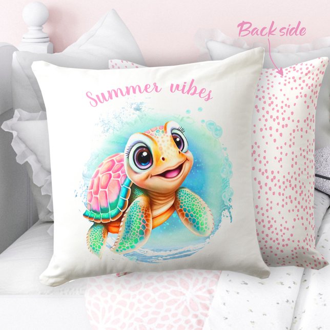 Cojín Decorativo Verano de tortuga dulce personalizado (Cute Turtle Summer Personalized Throw Pillow)