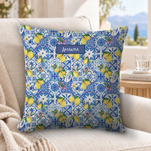 Cojín Decorativo Verano mayólica azul Sicilia cítricos Mediterráneo