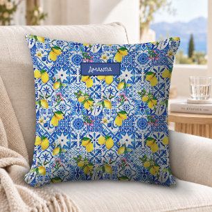 Cojín Decorativo Verano mayólica azul Sicilia cítricos Mediterráneo