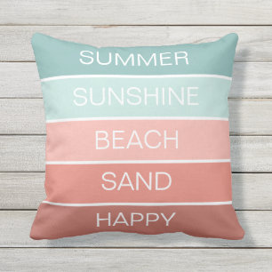 Cojín Decorativo Verano, sol, feliz, rayas de la playa de la arena
