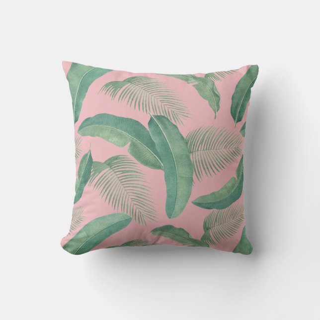 Cojín Decorativo Verano verde rosado con hojas tropicales (Anverso)