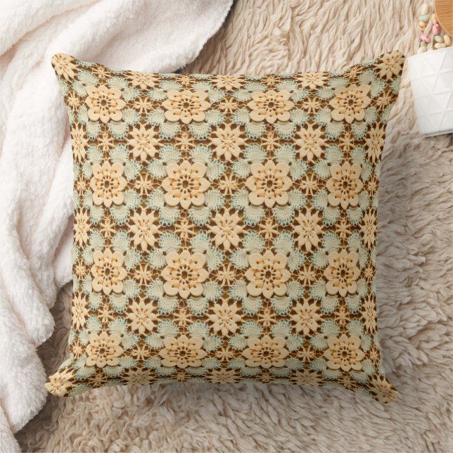 Cojín Decorativo Verde Amarillo y Marrón Falso Crochet (Manta)